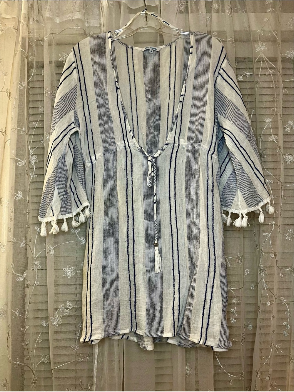 Blue Island Striped Swim Cover Up Blue White Tassel Bell Sleeve Tunic